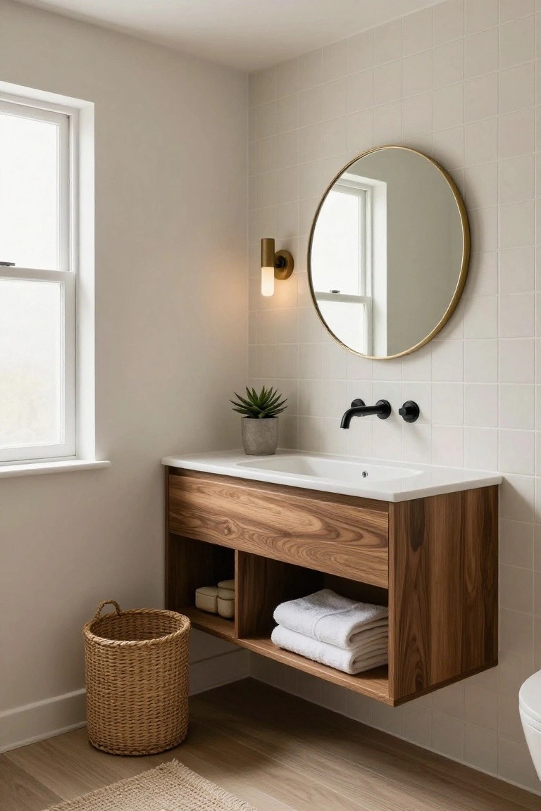A bathroom with a floating wood vanity, white sink, round mirror, and open shelves holding towels and small containers.