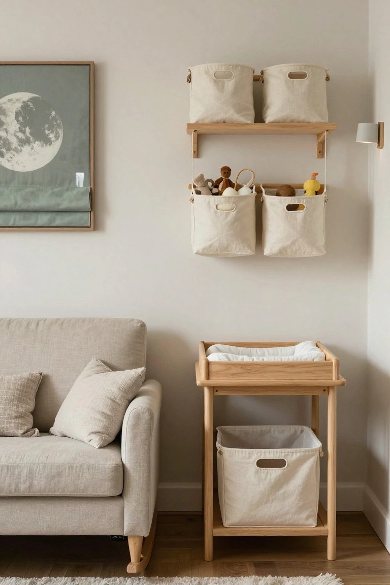 A living room with a beige sofa on the left and a wooden changing table on the right, with two levels of wall-mounted wooden shelves holding off-white fabric storage bins.