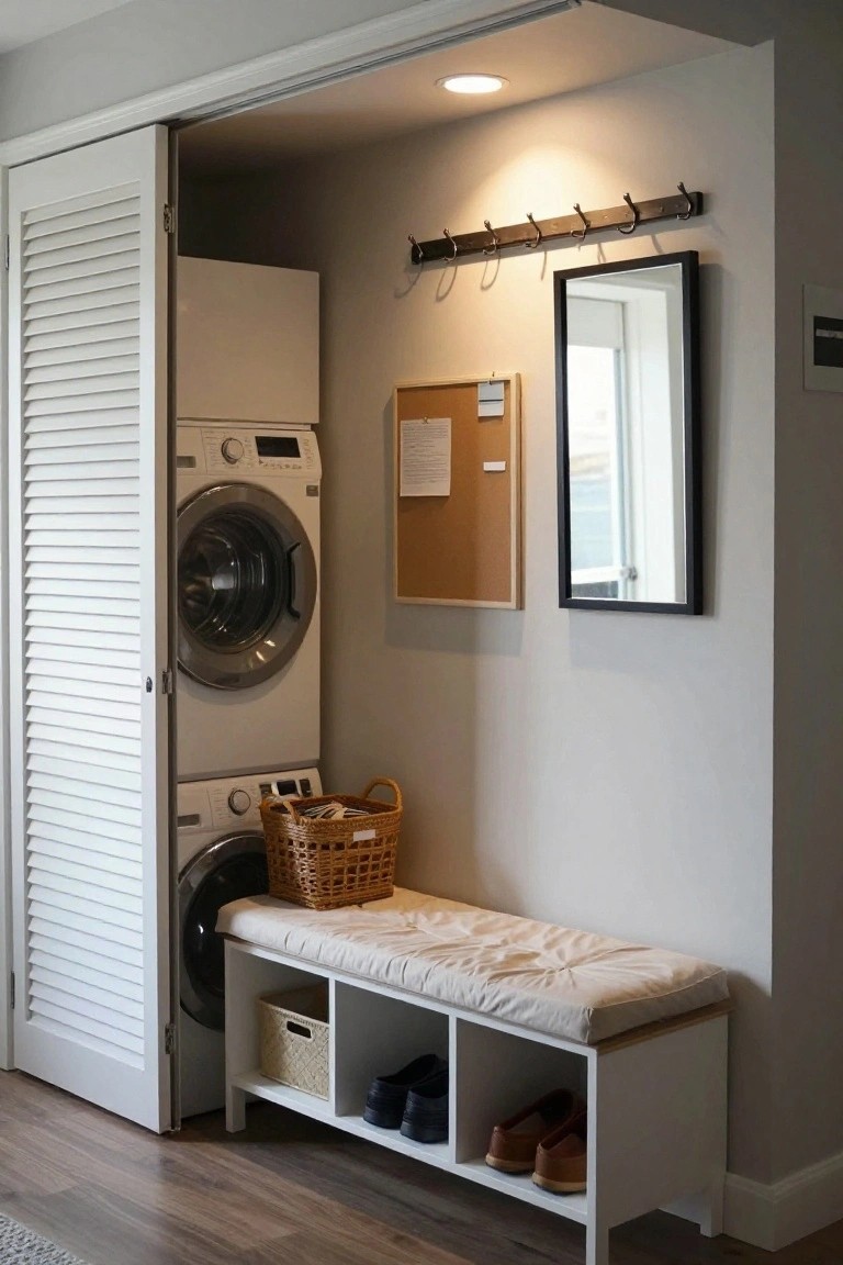 A stacked washer and dryer set behind open white louvered doors next to a white storage bench with a cushion, cubbies holding shoes and baskets, and wall hooks above.
