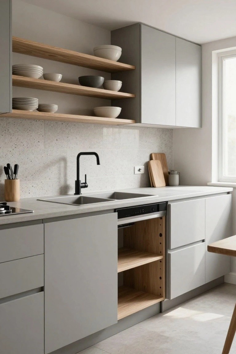 A kitchen interior with light gray cabinets, a white countertop, black faucet, double sink, and three wooden floating shelves holding assorted bowls.
