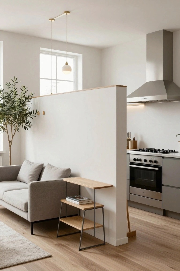 Modern living room with gray sofa, side table, plant, and open kitchen.