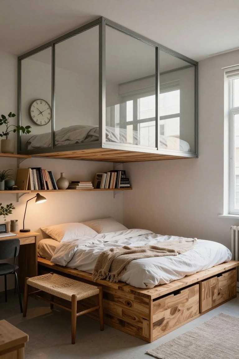 A small bedroom with a wooden platform bed that has built-in storage drawers and a glass-enclosed loft bed mounted above it.