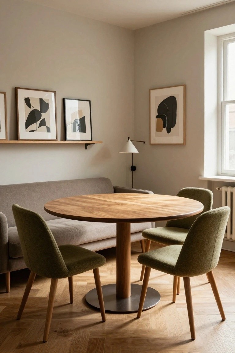 A round wooden dining table surrounded by four green upholstered chairs sits in a small apartment corner next to a gray sofa, with framed abstract art on the wall.