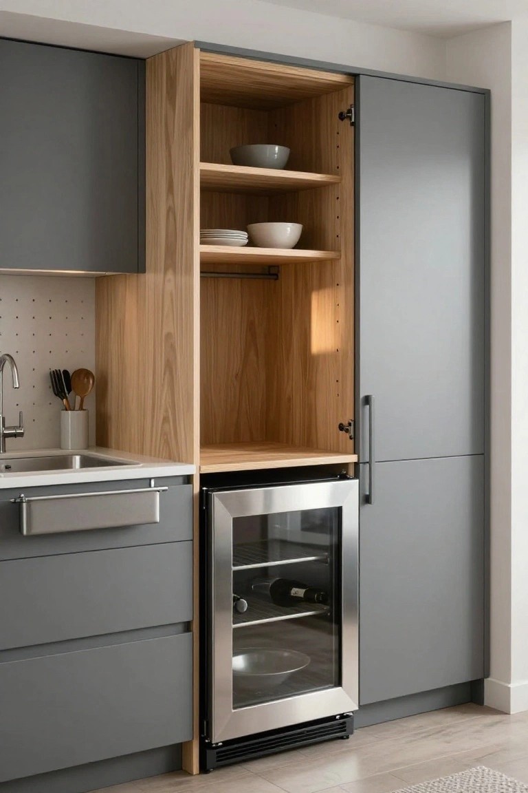 A kitchen corner with gray lower cabinets, light wood open shelving above a stainless steel wine refrigerator, and tall gray pantry doors to the right.
