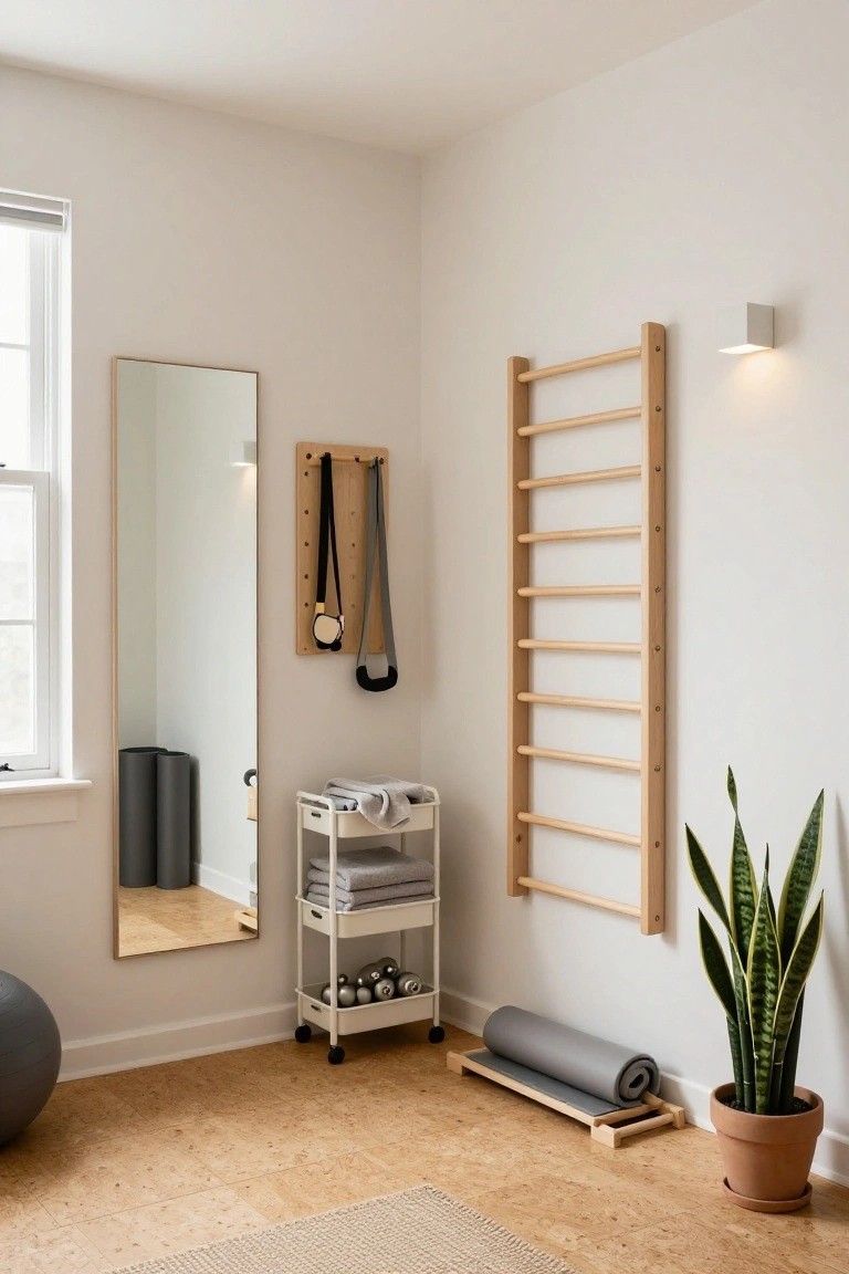 A compact home gym corner featuring a tall wooden stall bar on the wall, a full-length mirror, a white rolling cart holding towels and weights, and a rolled gray yoga mat on a wooden floor.
