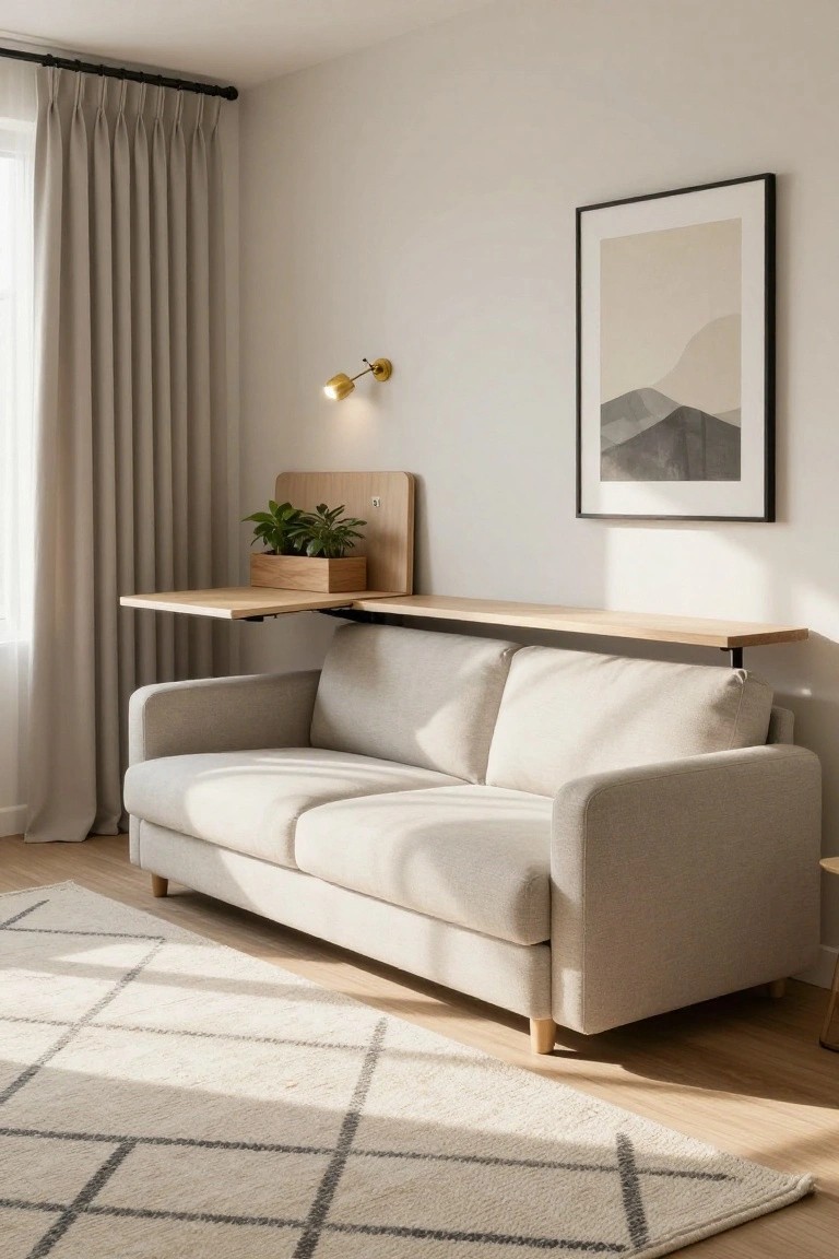 A light beige sofa sits below a long light wood wall-mounted shelf holding a wooden plant box, with a wall sconce above and framed artwork to the right.
