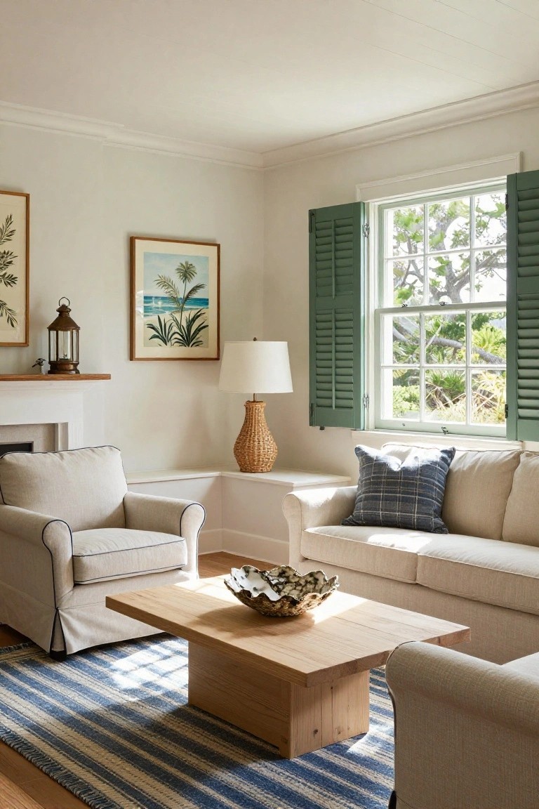 A bright living room with beige slipcovered sofa and armchairs around a large wooden coffee table on a blue striped rug, with green shutters on the window.