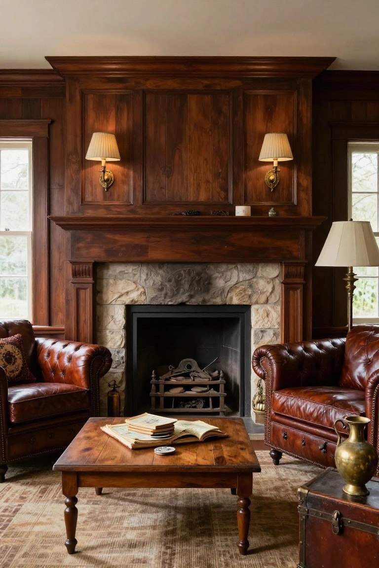 A living room with a large dark wood fireplace mantel and paneling above a stone surround, two brown leather armchairs, and a wooden coffee table in front.