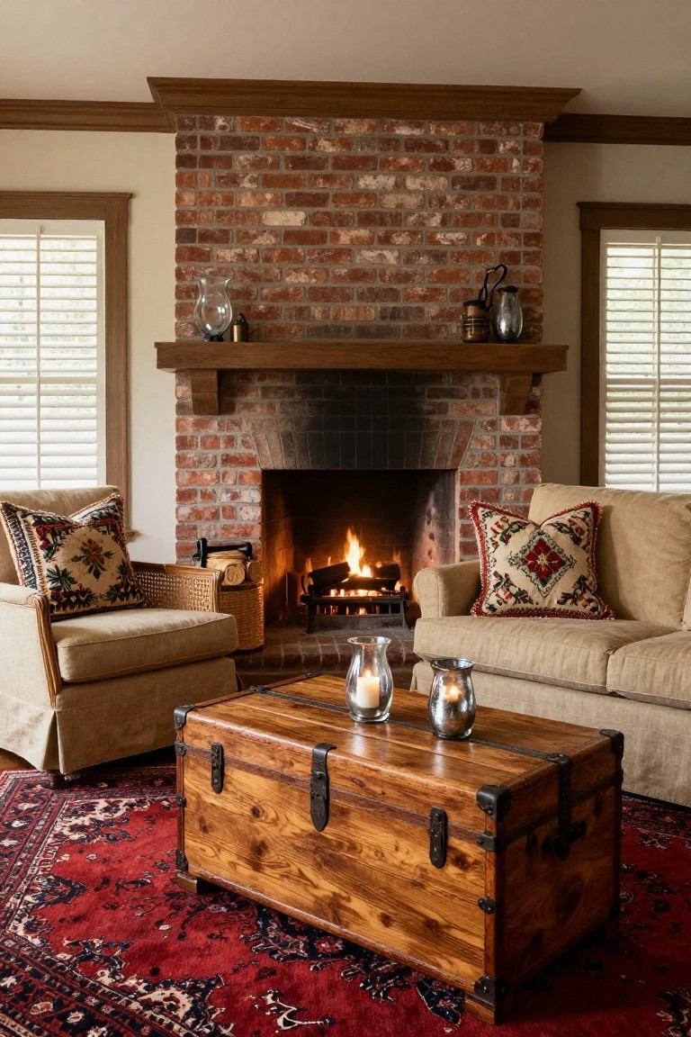 A living room featuring a brick fireplace, beige sofa and armchair with patterned pillows, and a large wooden trunk used as a coffee table on a red patterned rug.