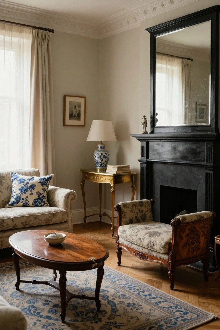 Classic living room with floral sofa, armchair, coffee table, and fireplace mirror.