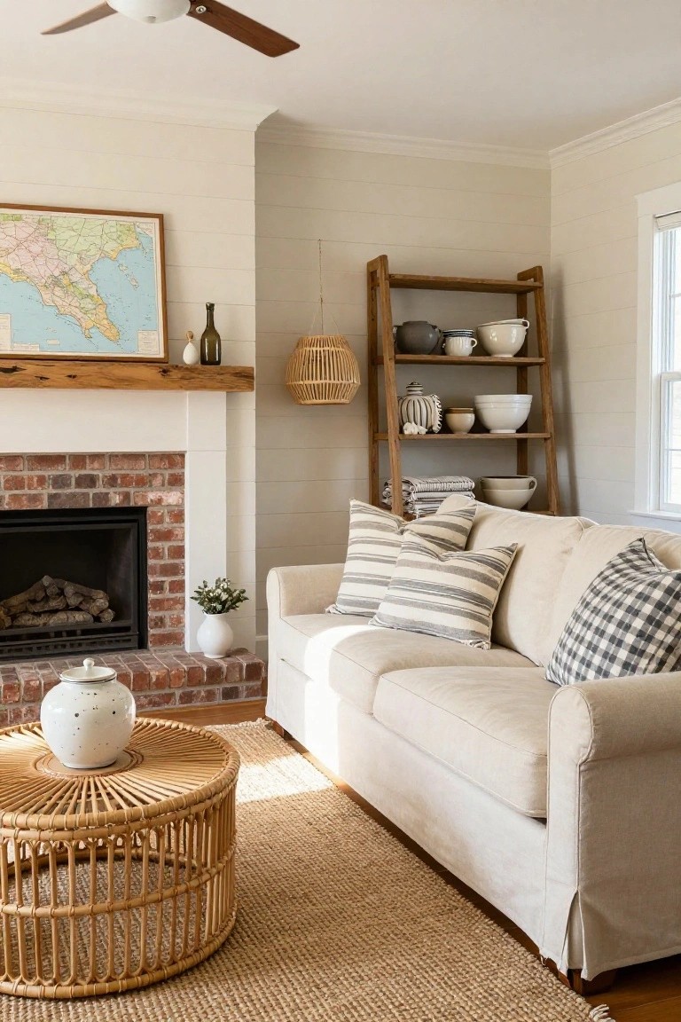 A living room with a beige sofa, striped pillows, a round rattan coffee table, a brick fireplace, and a wooden ladder shelf holding bowls and textiles.