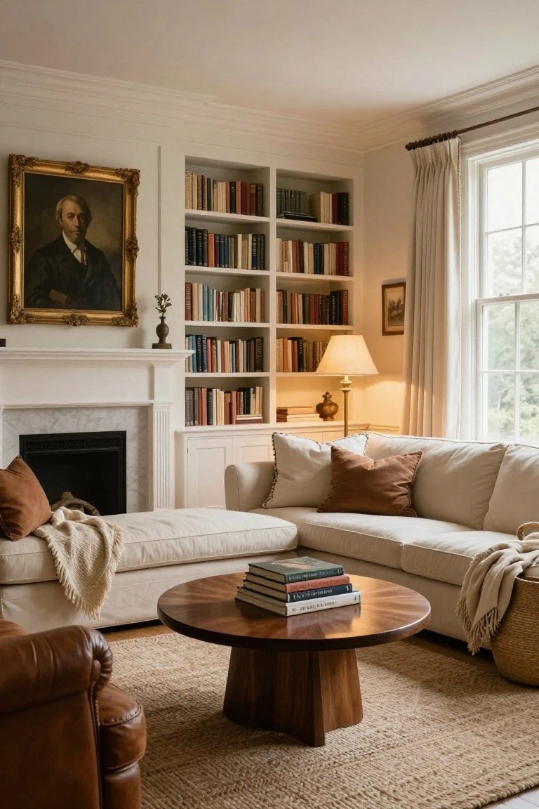 A living room with white built-in bookshelves filled with books flanking a marble fireplace, a large off-white sectional sofa, and a round wooden coffee table on a woven rug.