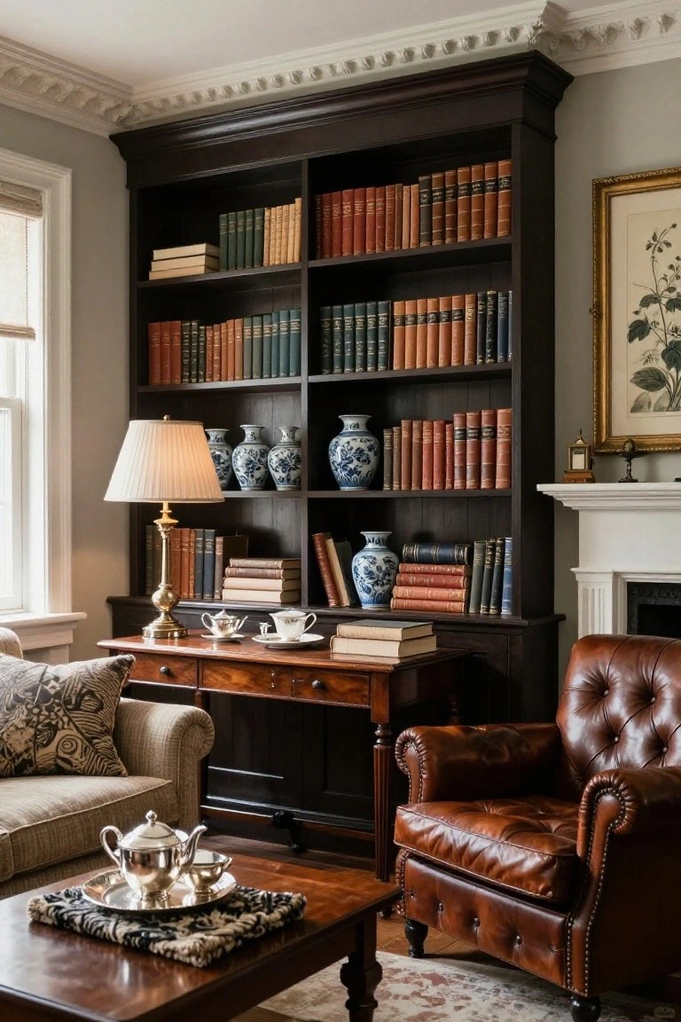 A traditional living room with a large dark wood built-in bookshelf filled with books and blue and white vases, a desk surface below the shelves, a brown leather armchair, and a coffee table in front.