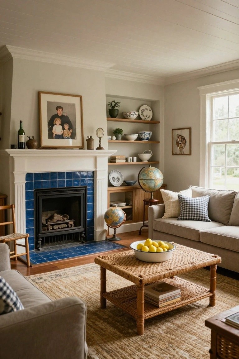 A traditional living room featuring a white fireplace with blue tile surround, flanked by wooden built-in shelves holding books, dishes, and decorative objects, with upholstered sofas and a wicker coffee table in the foreground.