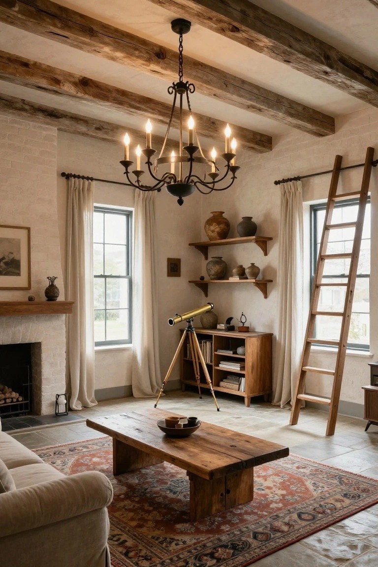 A living room interior with exposed wooden ceiling beams, a dark metal chandelier, a rustic wooden coffee table on a patterned rug, floating wooden shelves with pottery, and a white brick fireplace.