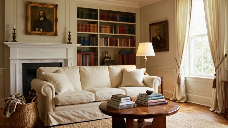 19 Cozy Southern Traditional Living Room Ideas That Feel Instantly Welcoming A living room with white built-in bookshelves filled with books flanking a marble fireplace, a large off-white sectional sofa, and a round wooden coffee table on a woven rug.