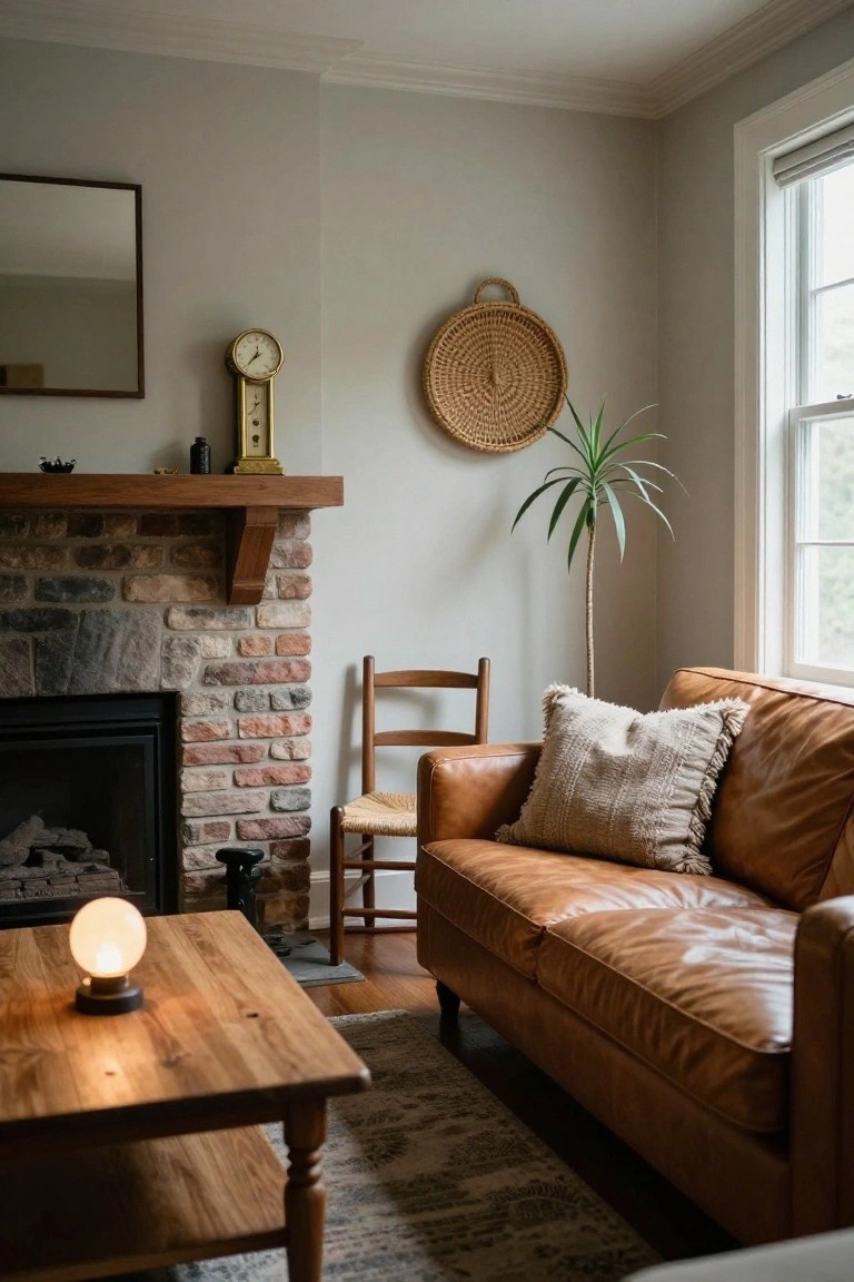 A living room with a brown leather sofa, brick fireplace, wooden coffee table, and woven wall decor.