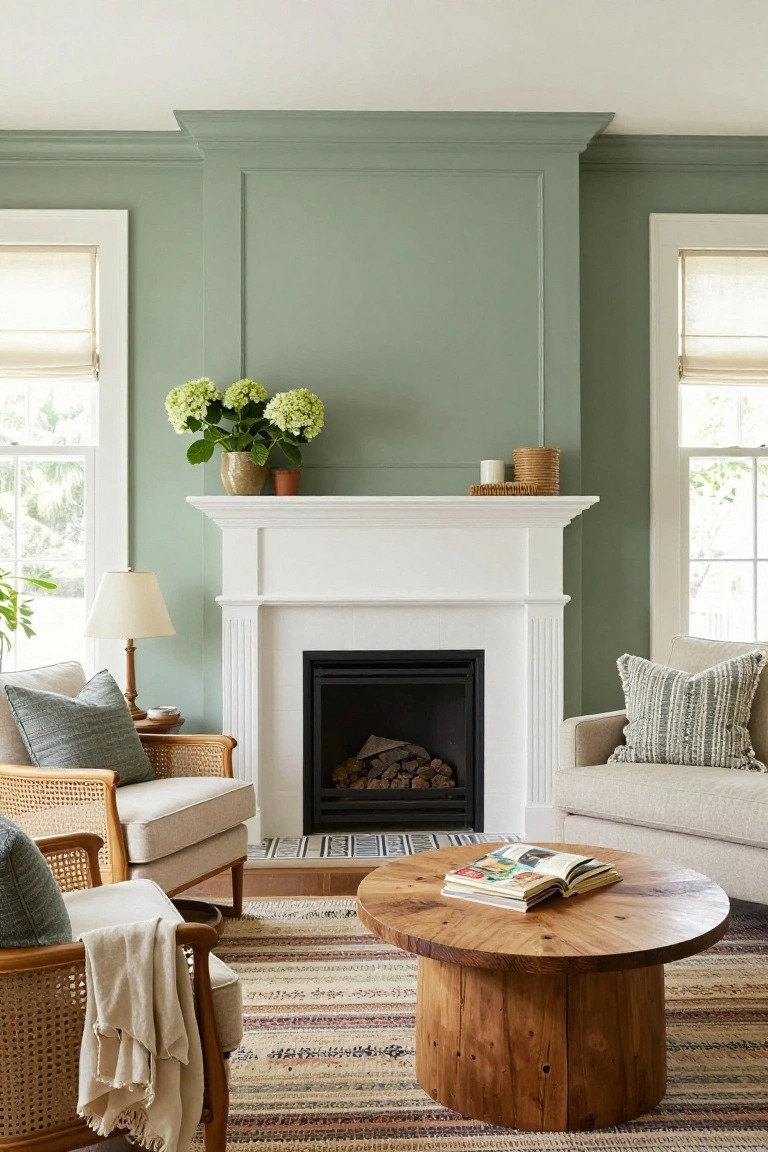 Living room with white fireplace mantel on sage green wall, round wooden coffee table, and cushioned cane chairs arranged on a striped rug.