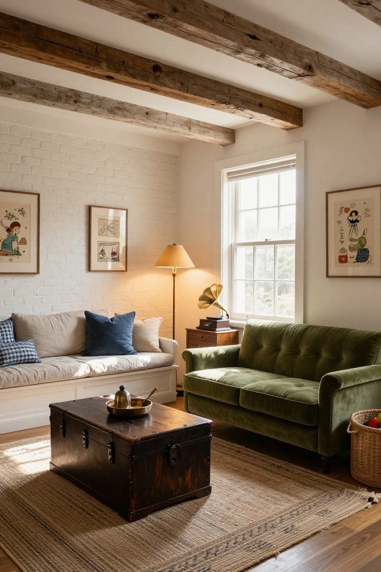 A living room with a green velvet sofa, white built-in bench with cushions, dark wood trunk coffee table, exposed ceiling beams, and white brick wall.