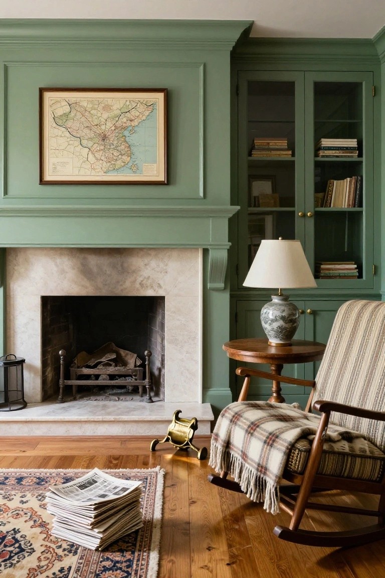 A living room features sage green walls and built-in cabinets surrounding a marble fireplace, with a wooden rocking chair and side table nearby.
