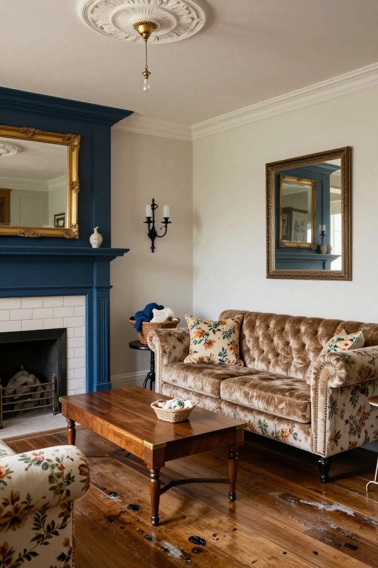 A living room featuring a deep blue painted fireplace mantel, brown tufted velvet sofa with floral pillows, wooden coffee table, and hardwood floors.