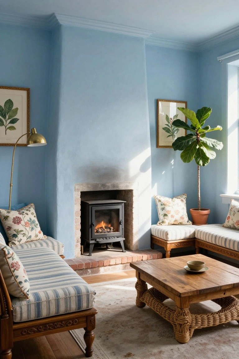 A living room with light blue walls, a brick fireplace holding a black wood stove, wooden seating with striped and floral cushions, and a wooden coffee table.