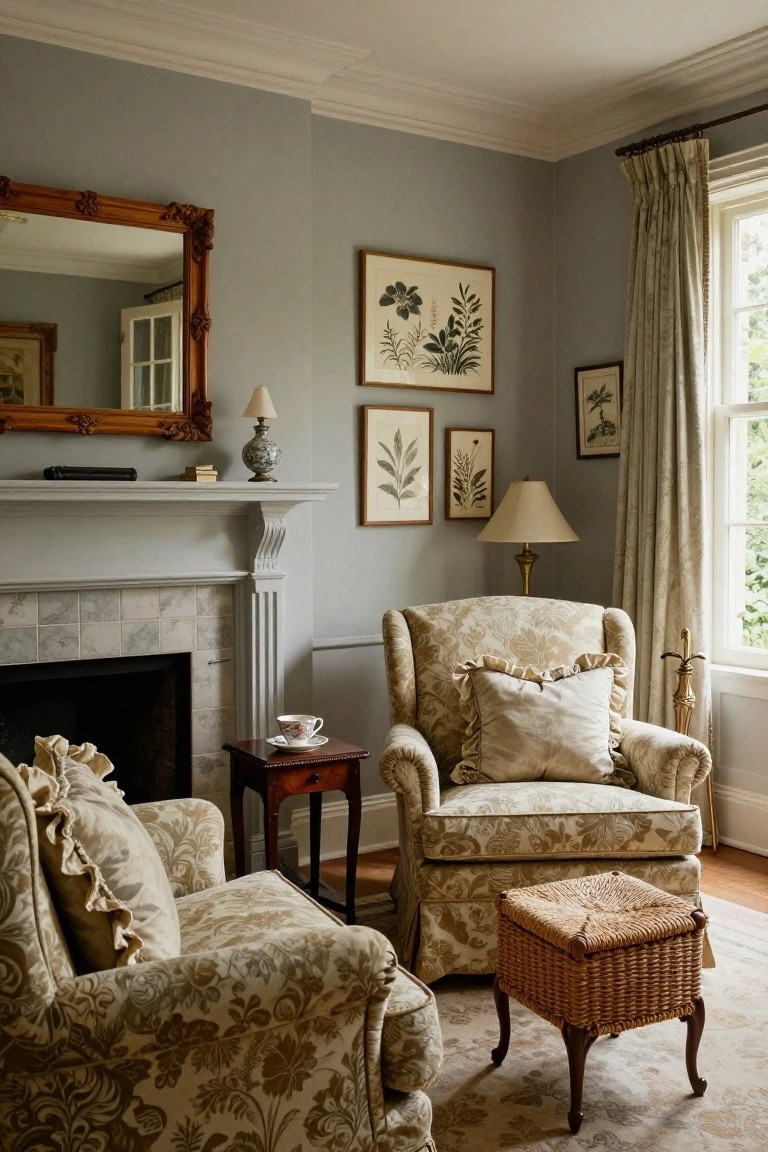 Elegant living room with floral armchairs, wicker ottoman, blue walls, and botanical prints.