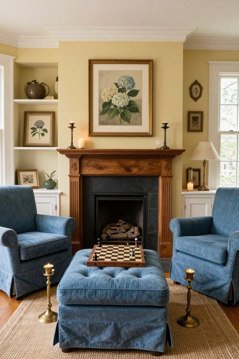 A living room featuring two blue armchairs facing a large blue tufted ottoman with a chessboard on top, positioned in front of a wooden fireplace mantel.