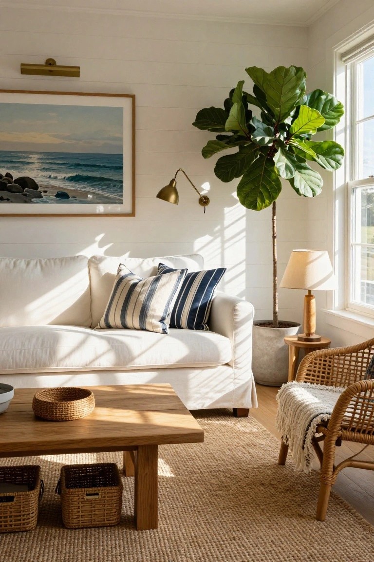 A bright living room features a white slipcovered sofa, wooden coffee table on a jute rug, and a large fiddle leaf fig tree in a concrete pot beside a window.