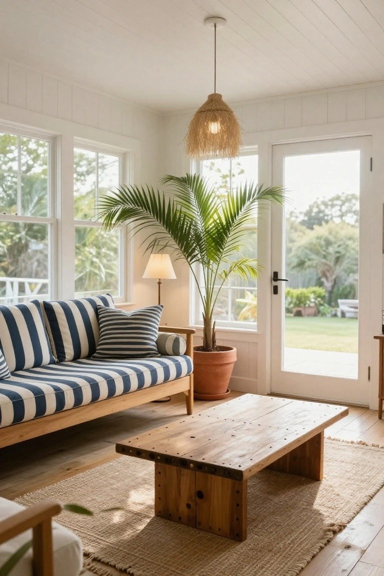 Bright room with blue striped sofa, rustic wooden table, and potted palm plant