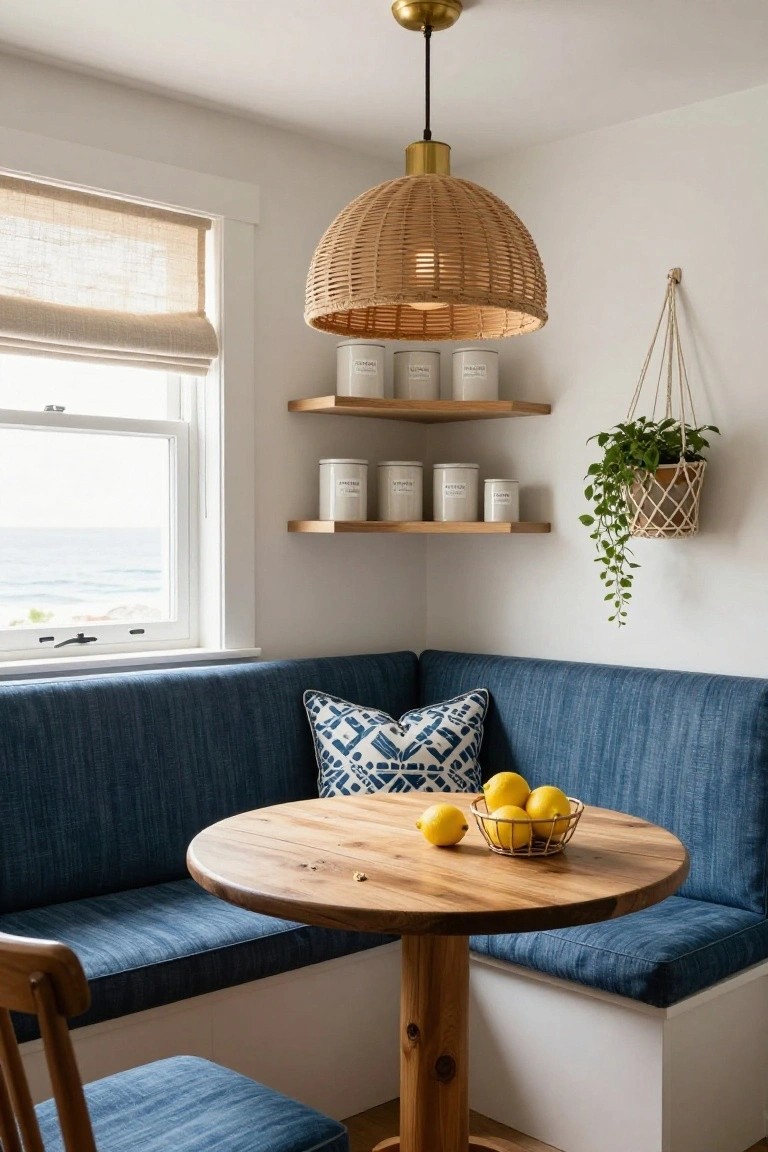 A corner dining nook with a blue upholstered L-shaped banquette, round wooden table, wall shelves with canisters, hanging plant, and a window view of the ocean.