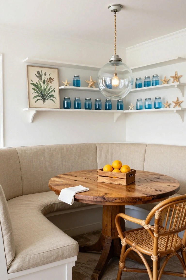 A round wooden table sits in front of a built-in beige fabric banquette with floating white shelves above holding blue glass jars and starfish, and a large glass pendant light hanging overhead.