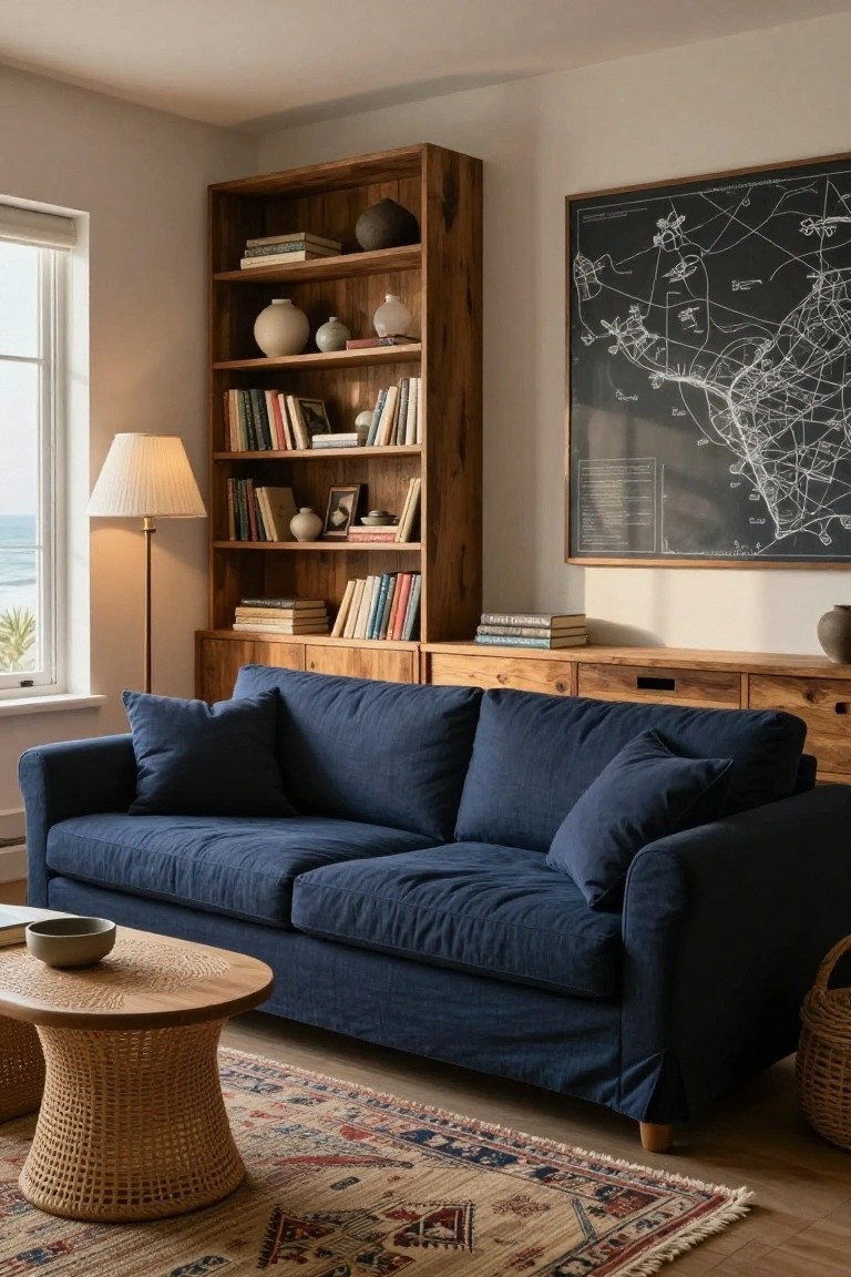 A living room featuring a blue sofa in front of a large wooden built-in bookshelf and cabinet unit, with a framed map on the adjacent wall and a round wooden coffee table on a patterned rug.