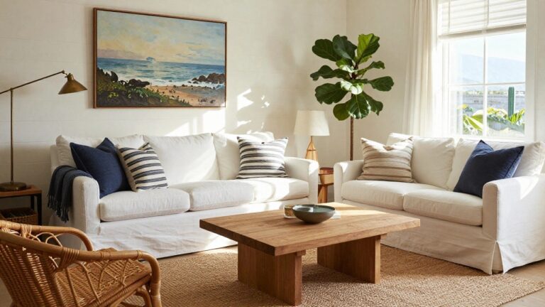 17 Elegant Coastal Home Decor Ideas That Instantly Refresh Your Space A bright living room features a white slipcovered sofa, wooden coffee table on a jute rug, and a large fiddle leaf fig tree in a concrete pot beside a window.