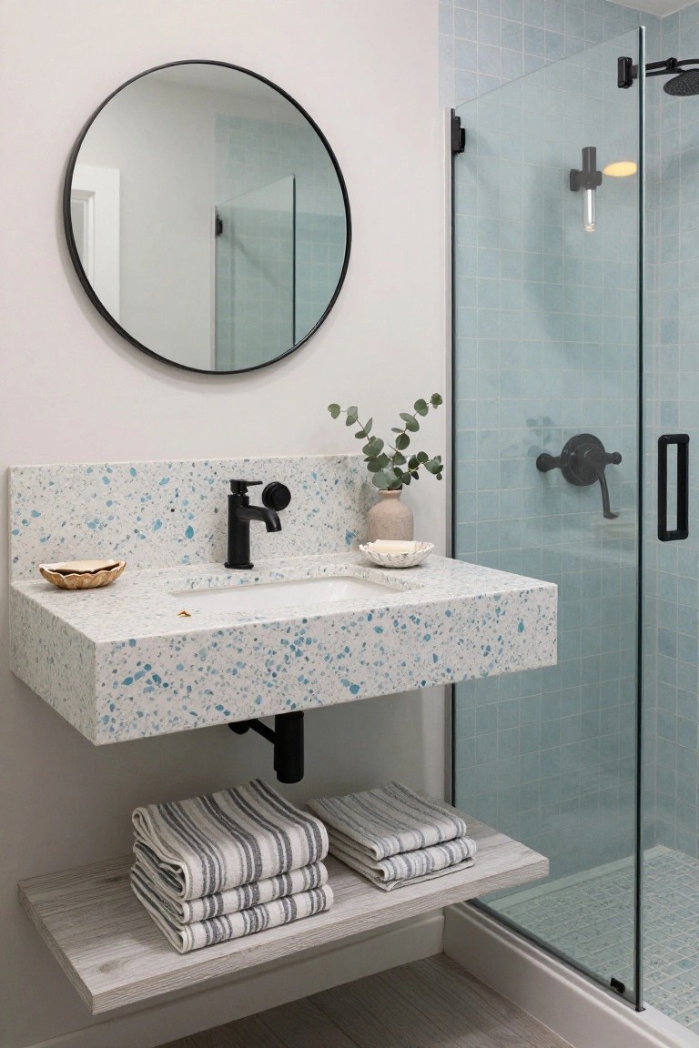 A wall-mounted bathroom vanity with a white and blue speckled surface, black faucet, and round mirror above, with a wooden shelf holding striped towels below and a light blue tiled shower visible to the right.