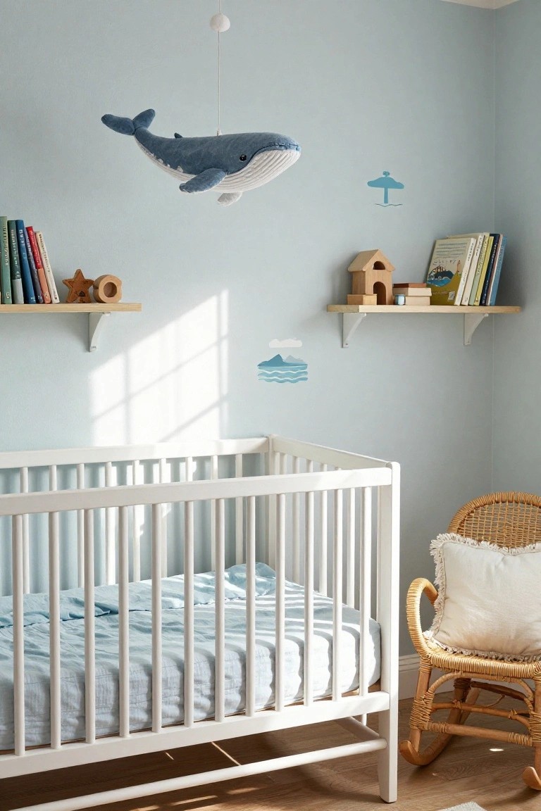 A light blue nursery with a white crib, hanging whale mobile, wooden shelves, and small coastal wall decals.