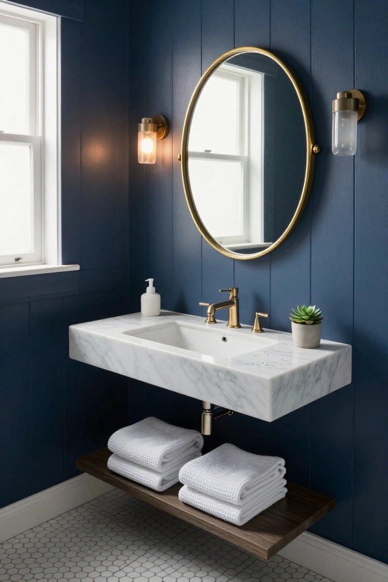 A bathroom interior shows a floating white marble sink with brass faucet on navy blue paneled walls, a round gold mirror above, and folded white towels on a wooden shelf below.