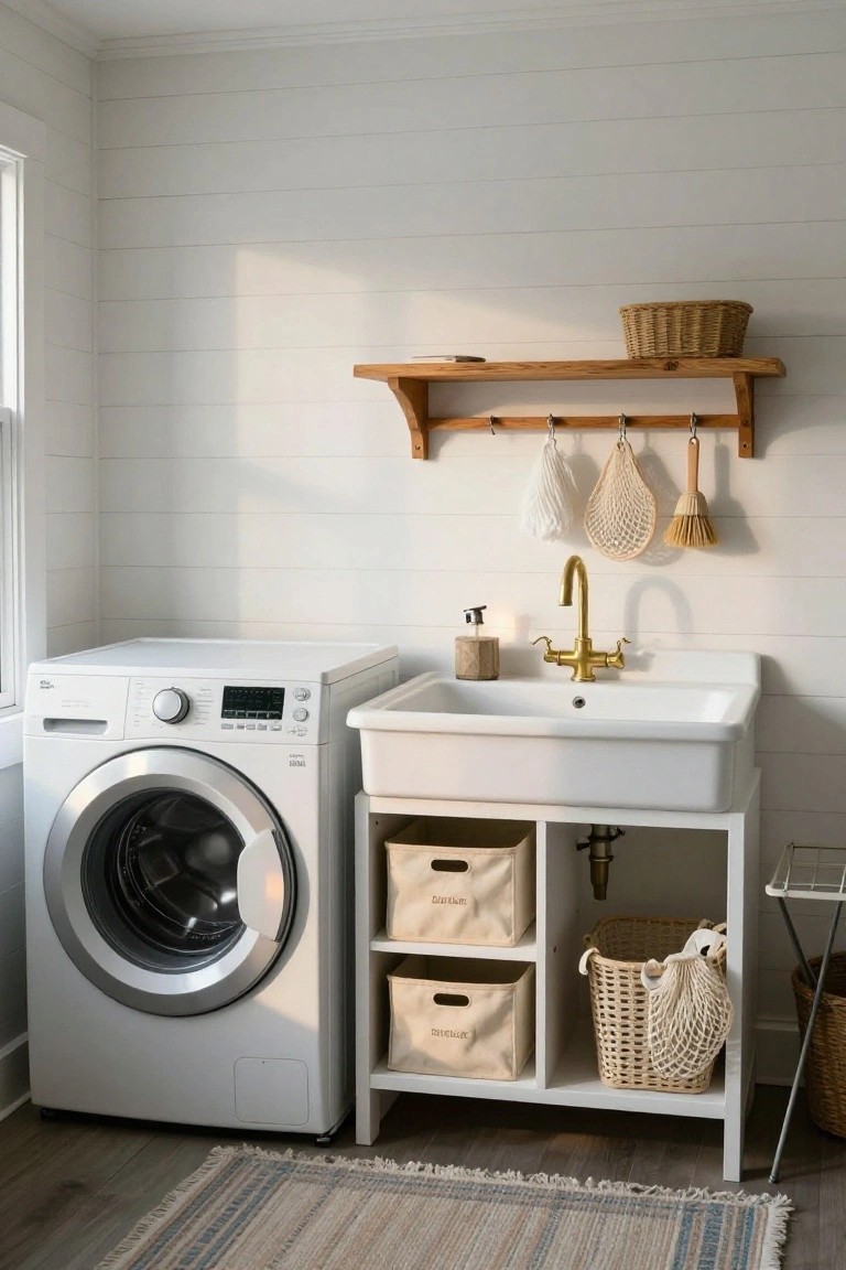 Modern laundry room with white washer, utility sink, brass faucet, and wooden shelf