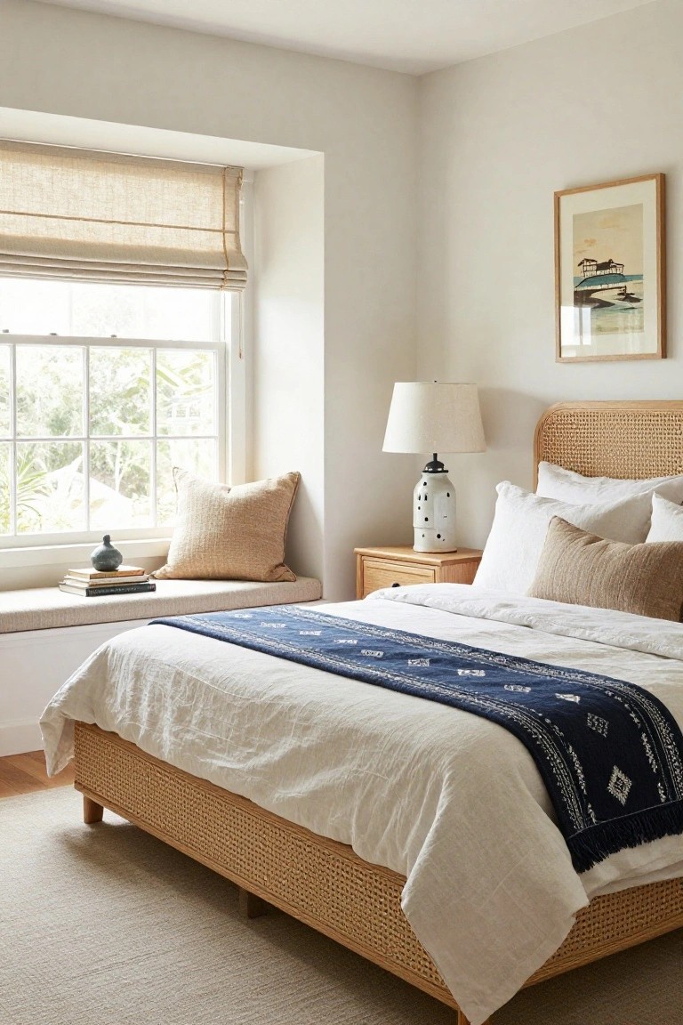 A bedroom with a rattan bed frame, white bedding topped with a blue patterned throw, a window seat with pillows, and a nightstand with a lamp.