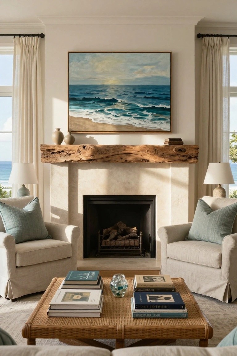 A living room with a fireplace topped by a large reclaimed wood mantel, an ocean painting above it, and two armchairs on either side.