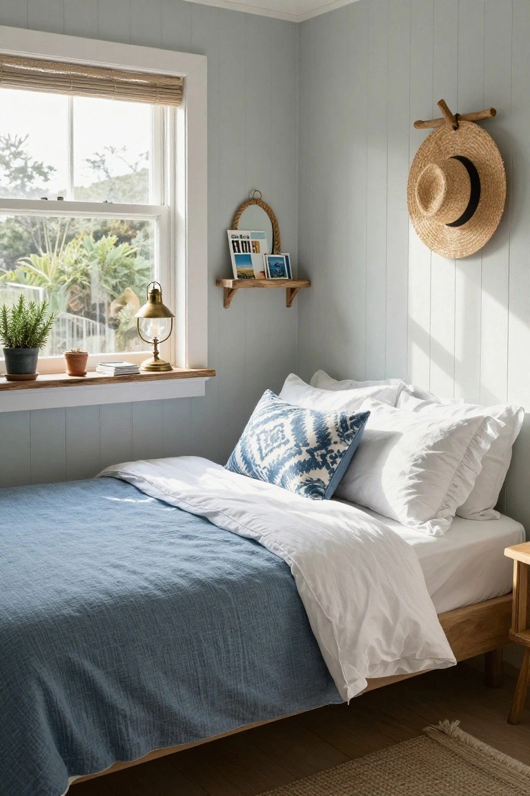 A bedroom with light blue-gray walls, a wooden bed dressed in white linens with a blue patterned pillow, a window with a plant on the sill, and a straw hat on the wall.