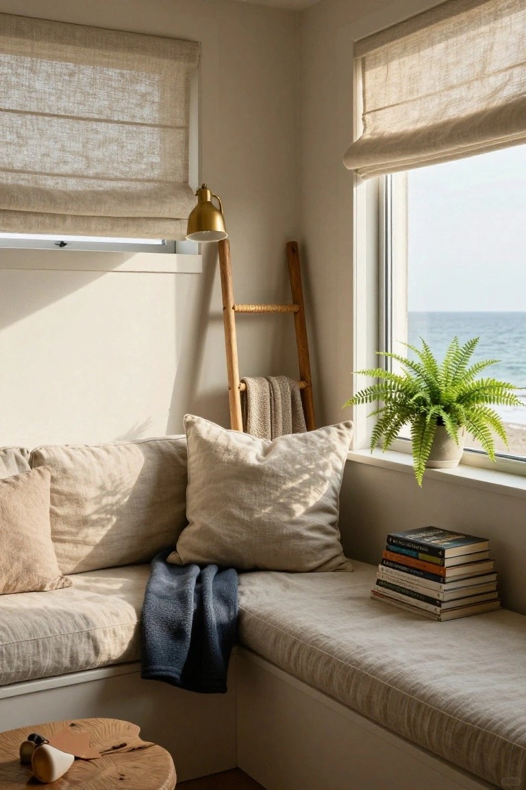 A bright interior corner with a built-in window seat covered in beige cushions, a potted fern and stack of books on the sill, and a wooden ladder leaning against the wall.