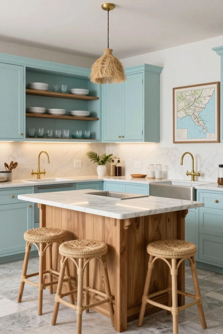 A kitchen island with a white marble top and wooden base is surrounded by three woven rattan bar stools, with light blue cabinets and open shelving visible in the background.