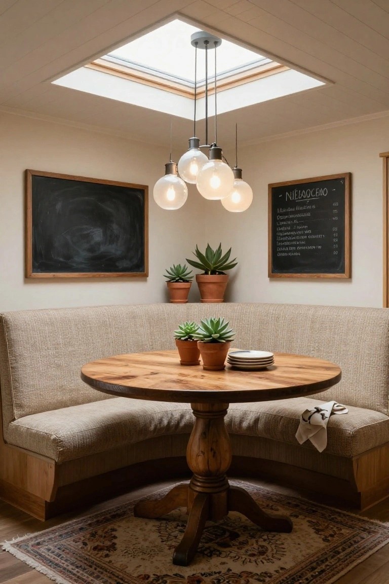 Interior view of a round wooden dining table with a curved upholstered banquette, two chalkboards on the walls, and hanging globe pendant lights beneath a skylight.