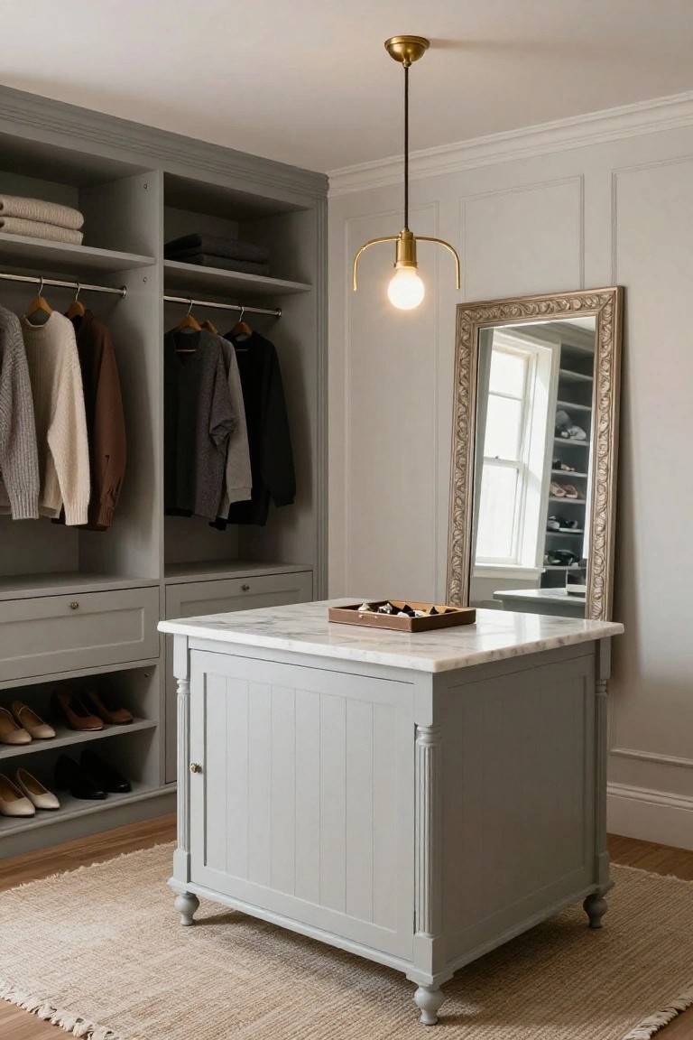 A gray painted closet island with a marble top stands in the middle of a walk-in closet with open shelving, hanging rods, and a large framed mirror on the wall.