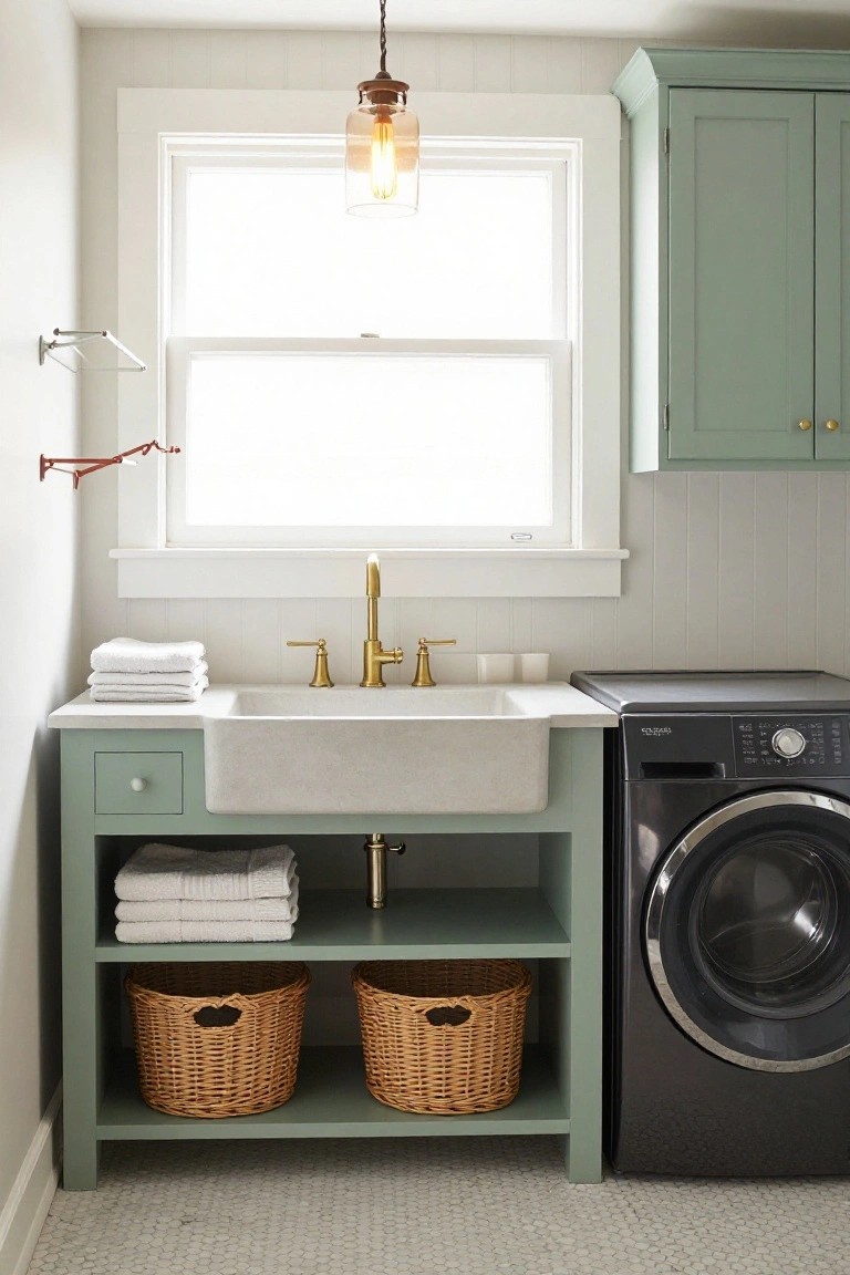 A laundry room with a large utility sink set into sage green cabinetry, open lower shelves holding wicker baskets, a washing machine to the right, and a window above the sink.