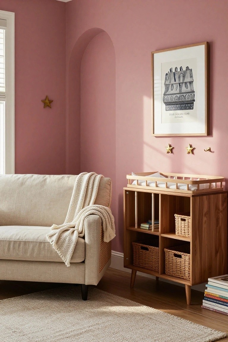 A living room corner with a beige sofa beside a wooden cabinet topped with a changing tray, wicker baskets inside, and framed art on pink walls.