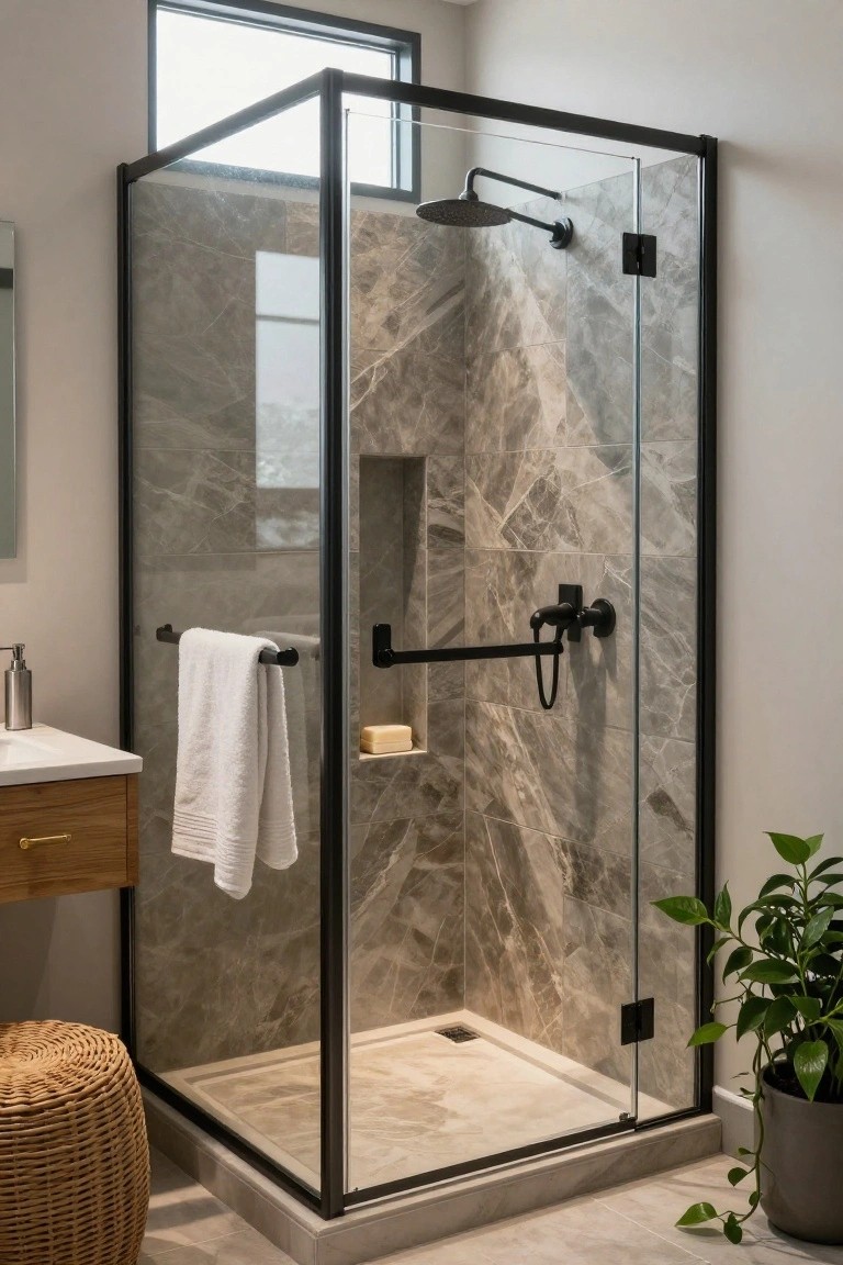 A bathroom with a black-framed glass shower enclosure set against large marble tiles, including a built-in niche and rainfall showerhead.