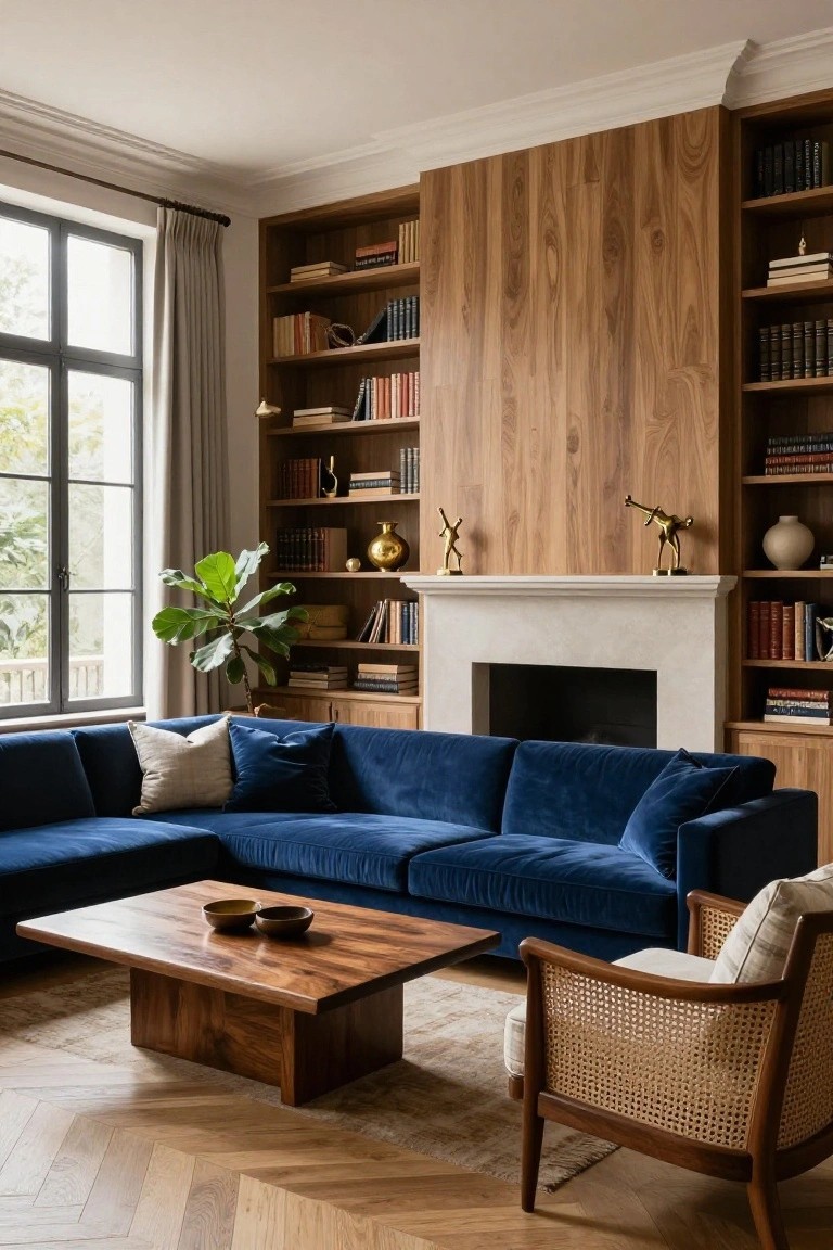 A living room with a blue velvet sectional sofa, wooden coffee table, built-in bookshelves flanking a fireplace with wood paneling above it.