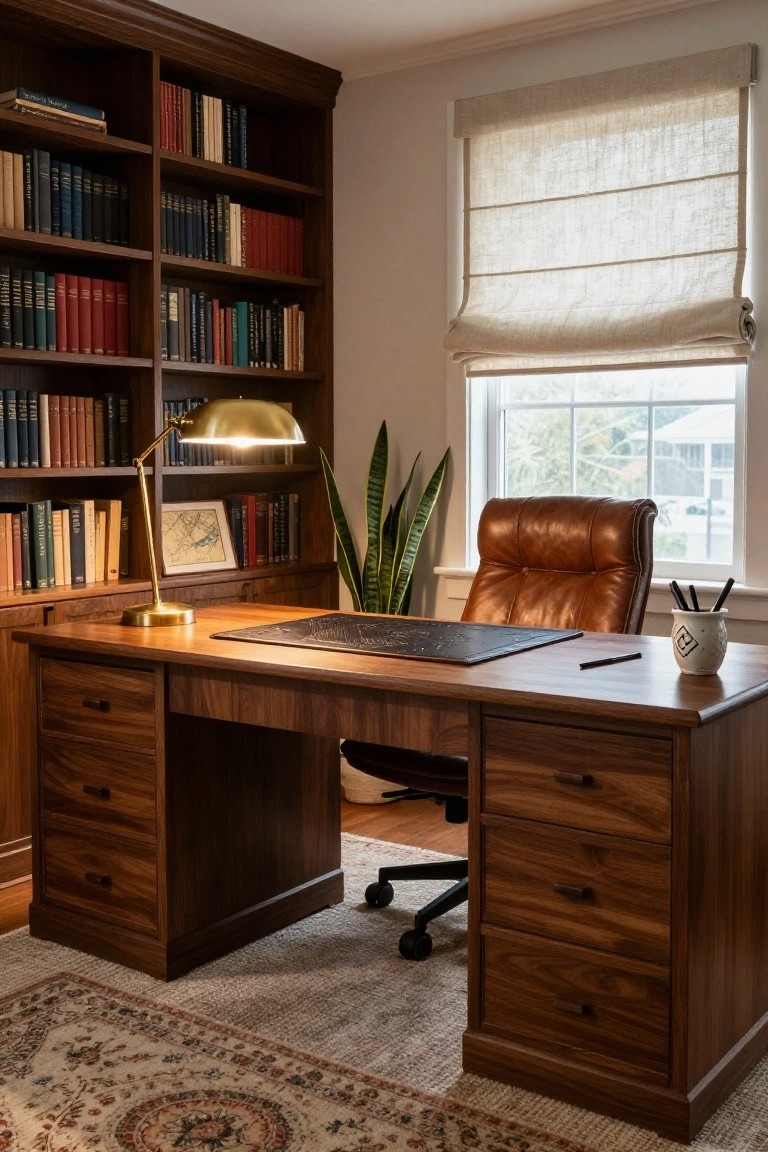 Wooden executive desk with brown leather chair, bookshelves, desk lamp, and window blinds.
